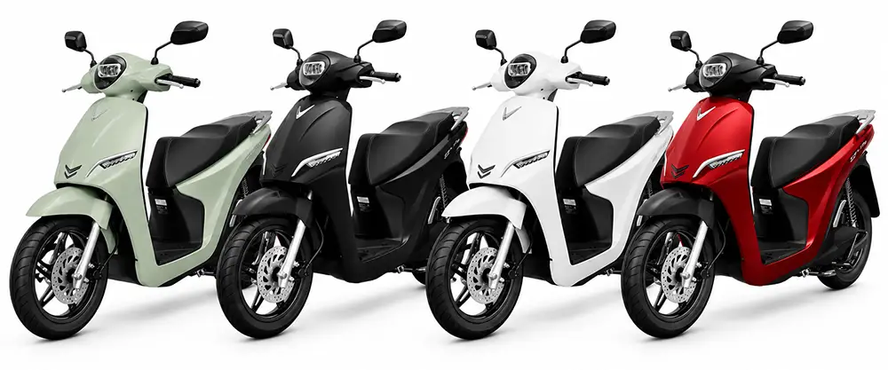 Spesifikasi VinFast Feliz II: Dimensi, Performa, Baterai 1 Pilihan warna VinFast Feliz II, Black Solid, White Cyan Metallic, Green Olive, Red Candy Tone