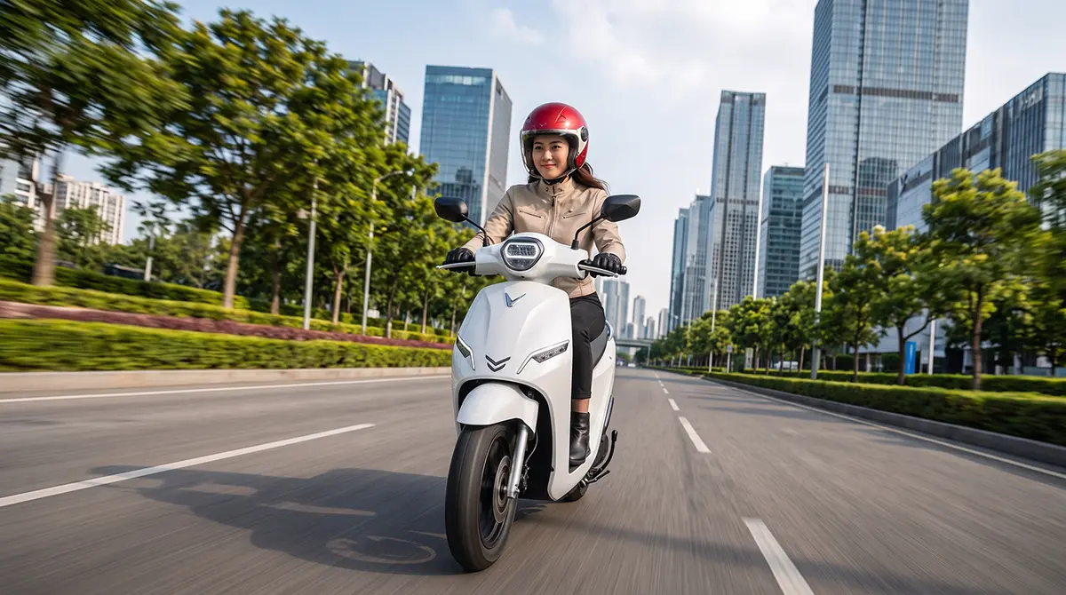 Pengendara berhelm merah melaju dengan VinFast Feliz II putih di jalan raya perkotaan